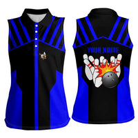 Custom Blue and Black Bowling Women Sleeveless Polo Shirt with Exploding Strike Design Pin Graphics - Wonder Print Shop
