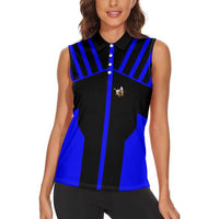 Custom Blue and Black Bowling Women Sleeveless Polo Shirt with Exploding Strike Design Pin Graphics - Wonder Print Shop