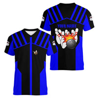 Custom Blue and Black Bowling Women V-Neck T-Shirt with Exploding Strike Design Pin Graphics - Wonder Print Shop