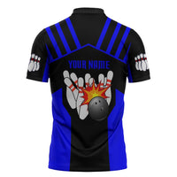 Custom Blue and Black Bowling Zipper Polo Shirt with Exploding Strike Design Pin Graphics - Wonder Print Shop