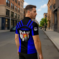 Custom Blue and Black Bowling Zipper Polo Shirt with Exploding Strike Design Pin Graphics - Wonder Print Shop