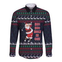 Santa Hole in One Christmas Long Sleeve Button Shirt with Golf Clubs and Festive Pattern - Wonder Print Shop