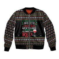 White and Red Christmas Wine Bomber Jacket with Festive Pattern and Holiday Cheer - Wonder Print Shop