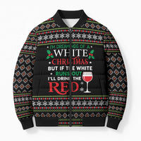 White and Red Christmas Wine Bomber Puffer Jacket with Festive Pattern and Holiday Cheer - Wonder Print Shop
