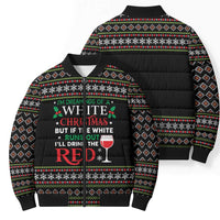 White and Red Christmas Wine Bomber Puffer Jacket with Festive Pattern and Holiday Cheer - Wonder Print Shop