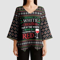 White and Red Christmas Wine Kimono Sleeve Blouse with Festive Pattern and Holiday Cheer - Wonder Print Shop