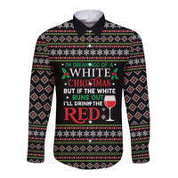 White and Red Christmas Wine Long Sleeve Button Shirt with Festive Pattern and Holiday Cheer - Wonder Print Shop