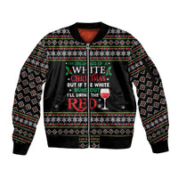 White and Red Christmas Wine Sleeve Zip Bomber Jacket with Festive Pattern and Holiday Cheer - Wonder Print Shop