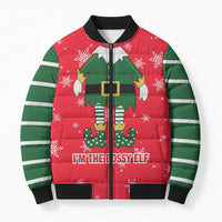 Bossy Elf Christmas Bomber Puffer Jacket with Snowflakes and Striped Sleeves - Wonder Print Shop
