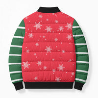Bossy Elf Christmas Bomber Puffer Jacket with Snowflakes and Striped Sleeves - Wonder Print Shop