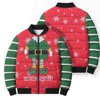 Bossy Elf Christmas Bomber Puffer Jacket with Snowflakes and Striped Sleeves - Wonder Print Shop