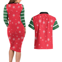 Bossy Elf Christmas Couples Matching Long Sleeve Bodycon Dress and Hawaiian Shirt with Snowflakes and Striped Sleeves - Wonder Print Shop