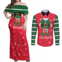 Bossy Elf Christmas Couples Matching Off Shoulder Maxi Dress and Long Sleeve Button Shirt with Snowflakes and Striped Sleeves - Wonder Print Shop