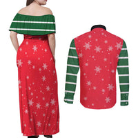 Bossy Elf Christmas Couples Matching Off Shoulder Maxi Dress and Long Sleeve Button Shirt with Snowflakes and Striped Sleeves - Wonder Print Shop