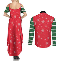 Bossy Elf Christmas Couples Matching Summer Maxi Dress and Long Sleeve Button Shirt with Snowflakes and Striped Sleeves - Wonder Print Shop