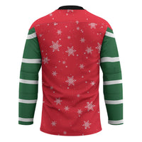 Bossy Elf Christmas Hockey Jersey with Snowflakes and Striped Sleeves - Wonder Print Shop