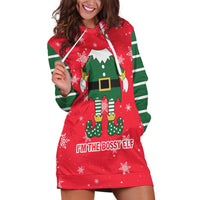 Bossy Elf Christmas Hoodie Dress with Snowflakes and Striped Sleeves - Wonder Print Shop