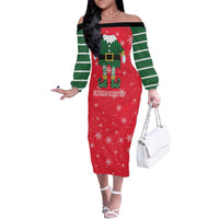 Bossy Elf Christmas Off The Shoulder Long Sleeve Dress with Snowflakes and Striped Sleeves - Wonder Print Shop