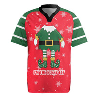 Bossy Elf Christmas Rugby Jersey with Snowflakes and Striped Sleeves - Wonder Print Shop