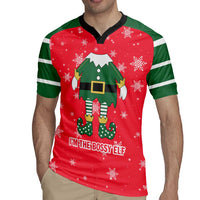 Bossy Elf Christmas Rugby Jersey with Snowflakes and Striped Sleeves - Wonder Print Shop