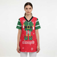 Bossy Elf Christmas Scrub Top with Snowflakes and Striped Sleeves - Wonder Print Shop