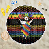 Rainbow Jesus Ah Men Christmas Beach Blanket with Colorful Stripes and Holiday Pattern - Wonder Print Shop