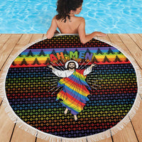 Rainbow Jesus Ah Men Christmas Beach Blanket with Colorful Stripes and Holiday Pattern - Wonder Print Shop
