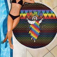 Rainbow Jesus Ah Men Christmas Beach Blanket with Colorful Stripes and Holiday Pattern - Wonder Print Shop