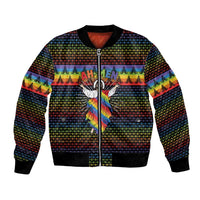 Rainbow Jesus Ah Men Christmas Bomber Jacket with Colorful Stripes and Holiday Pattern - Wonder Print Shop
