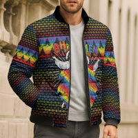 Rainbow Jesus Ah Men Christmas Bomber Puffer Jacket with Colorful Stripes and Holiday Pattern - Wonder Print Shop