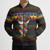 Rainbow Jesus Ah Men Christmas Bomber Puffer Jacket with Colorful Stripes and Holiday Pattern - Wonder Print Shop