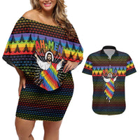Rainbow Jesus Ah Men Christmas Couples Matching Off Shoulder Short Dress and Hawaiian Shirt with Colorful Stripes and Holiday Pattern - Wonder Print Shop