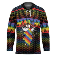 Rainbow Jesus Ah Men Christmas Hockey Jersey with Colorful Stripes and Holiday Pattern - Wonder Print Shop