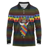 Rainbow Jesus Ah Men Christmas Long Sleeve Polo Shirt with Colorful Stripes and Holiday Pattern - Wonder Print Shop