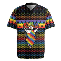 Rainbow Jesus Ah Men Christmas Rugby Jersey with Colorful Stripes and Holiday Pattern - Wonder Print Shop