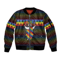 Rainbow Jesus Ah Men Christmas Sleeve Zip Bomber Jacket with Colorful Stripes and Holiday Pattern - Wonder Print Shop