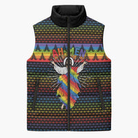 Rainbow Jesus Ah Men Christmas Sleeveless Puffer Jacket with Colorful Stripes and Holiday Pattern - Wonder Print Shop