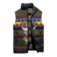 Rainbow Jesus Ah Men Christmas Sleeveless Puffer Jacket with Colorful Stripes and Holiday Pattern - Wonder Print Shop