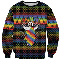 Rainbow Jesus Ah Men Christmas Sweatshirt with Colorful Stripes and Holiday Pattern - Wonder Print Shop