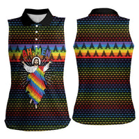 Rainbow Jesus Ah Men Christmas Women Sleeveless Polo Shirt with Colorful Stripes and Holiday Pattern - Wonder Print Shop