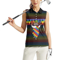 Rainbow Jesus Ah Men Christmas Women Sleeveless Polo Shirt with Colorful Stripes and Holiday Pattern - Wonder Print Shop