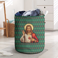 Sacred Heart Jesus Christmas Laundry Basket with Festive Green Knit Pattern - Wonder Print Shop