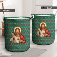 Sacred Heart Jesus Christmas Laundry Basket with Festive Green Knit Pattern - Wonder Print Shop