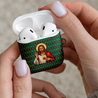 Sacred Heart Jesus Christmas AirPods Case with Festive Green Knit Pattern - Wonder Print Shop