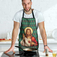 Sacred Heart Jesus Christmas Apron with Festive Green Knit Pattern - Wonder Print Shop