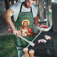 Sacred Heart Jesus Christmas Apron with Festive Green Knit Pattern - Wonder Print Shop
