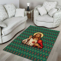 Sacred Heart Jesus Christmas Area Rug with Festive Green Knit Pattern - Wonder Print Shop