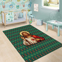 Sacred Heart Jesus Christmas Area Rug with Festive Green Knit Pattern - Wonder Print Shop