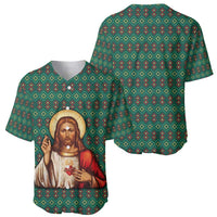 Sacred Heart Jesus Christmas Baseball Jersey with Festive Green Knit Pattern - Wonder Print Shop