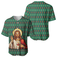 Sacred Heart Jesus Christmas Baseball Jersey with Festive Green Knit Pattern - Wonder Print Shop